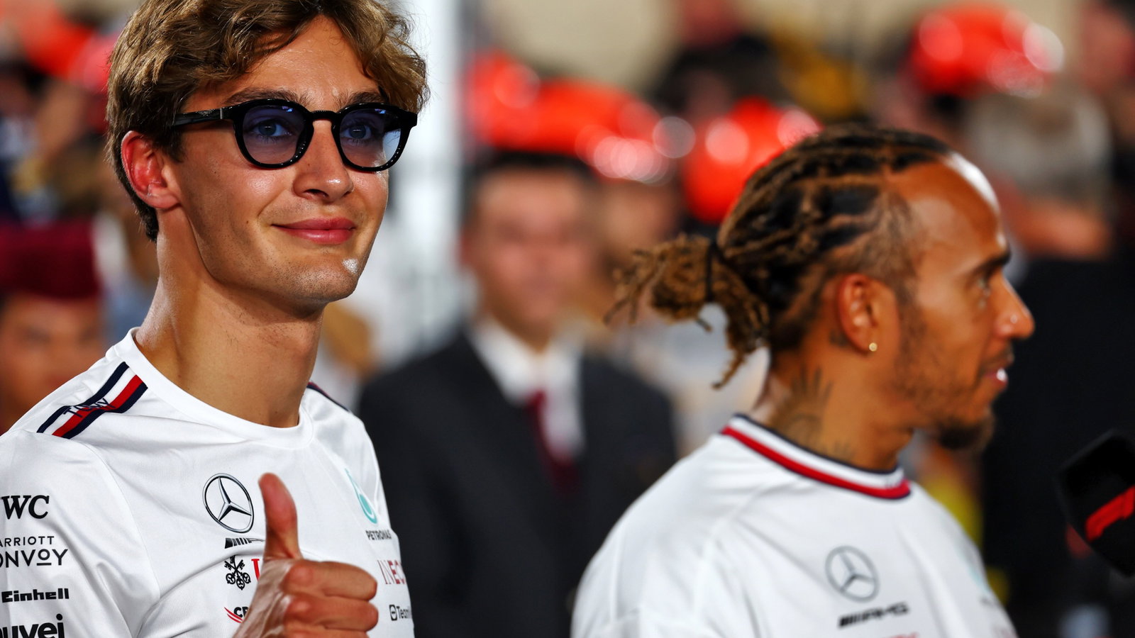 George Russell (GBR) Mercedes AMG F1 and Lewis Hamilton (GBR) Mercedes AMG F1 on the drivers' parade. Formula 1 World