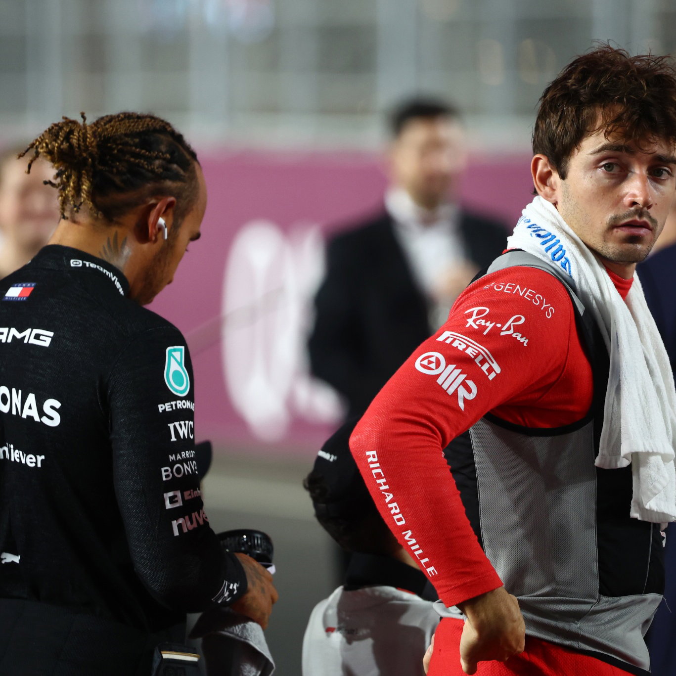 (L to R): Lewis Hamilton (GBR) Mercedes AMG F1 with Charles Leclerc (MON) Ferrari on the drivers' parade. Formula 1 World