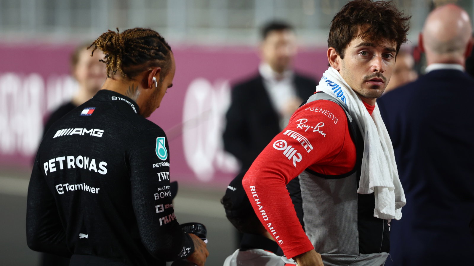 (L to R): Lewis Hamilton (GBR) Mercedes AMG F1 with Charles Leclerc (MON) Ferrari on the drivers' parade. Formula 1 World