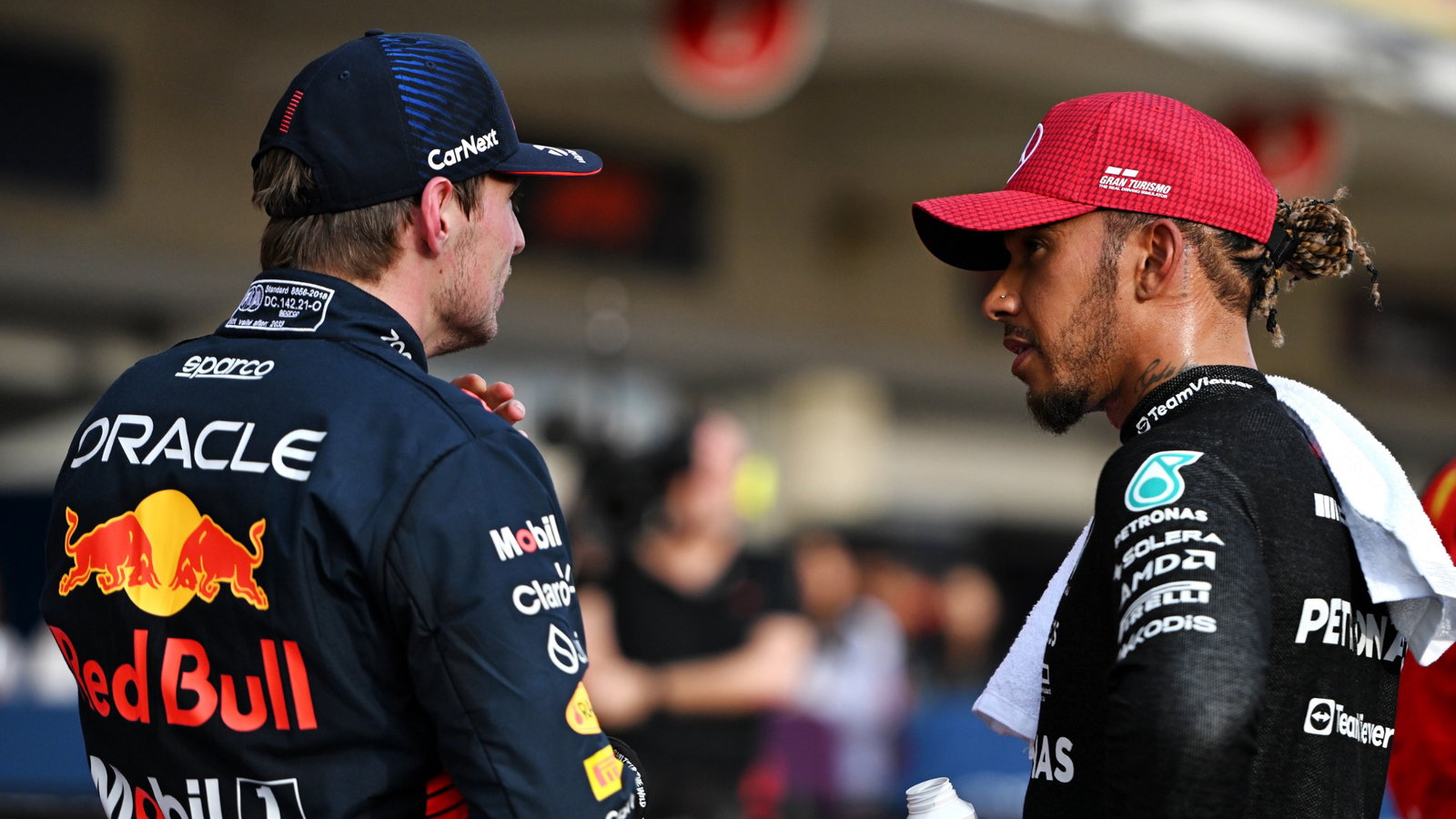 (L to R): Winner Max Verstappen (NLD) Red Bull Racing in Sprint parc ferme with second placed Lewis Hamilton (GBR) Mercedes