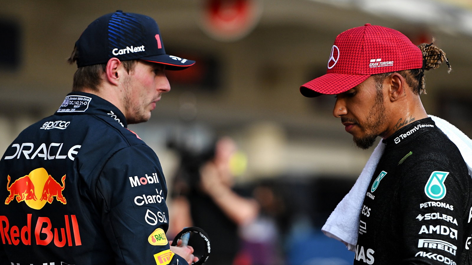 (L to R): Winner Max Verstappen (NLD) Red Bull Racing in Sprint parc ferme with second placed Lewis Hamilton (GBR) Mercedes