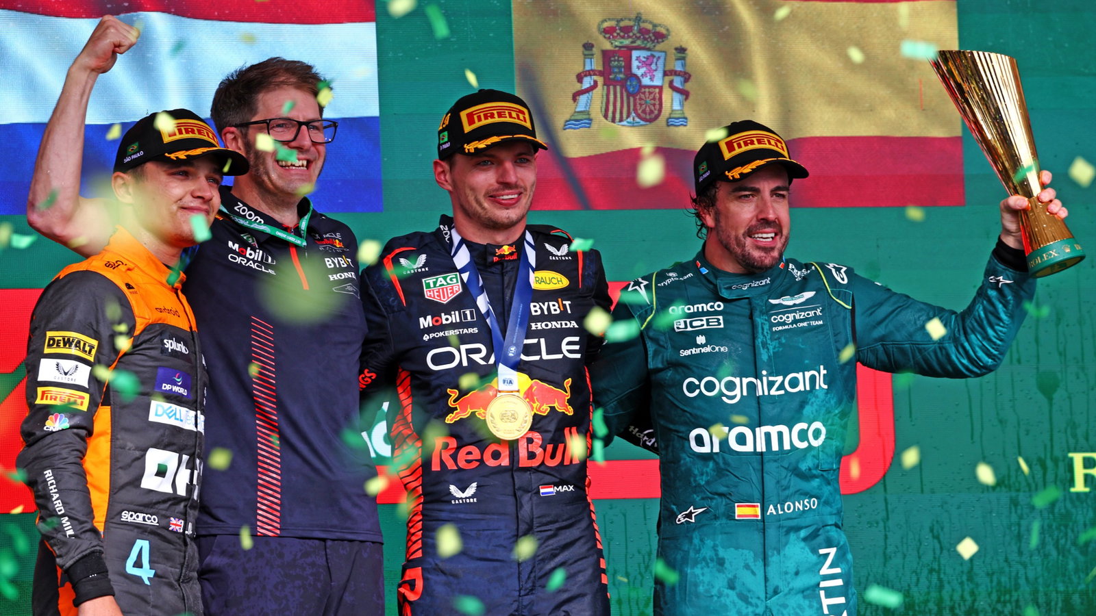 The podium (L to R): Lando Norris (GBR) McLaren, second; Jeff Calam (GBR) Red Bull Racing Senior Projects Engineer; Max