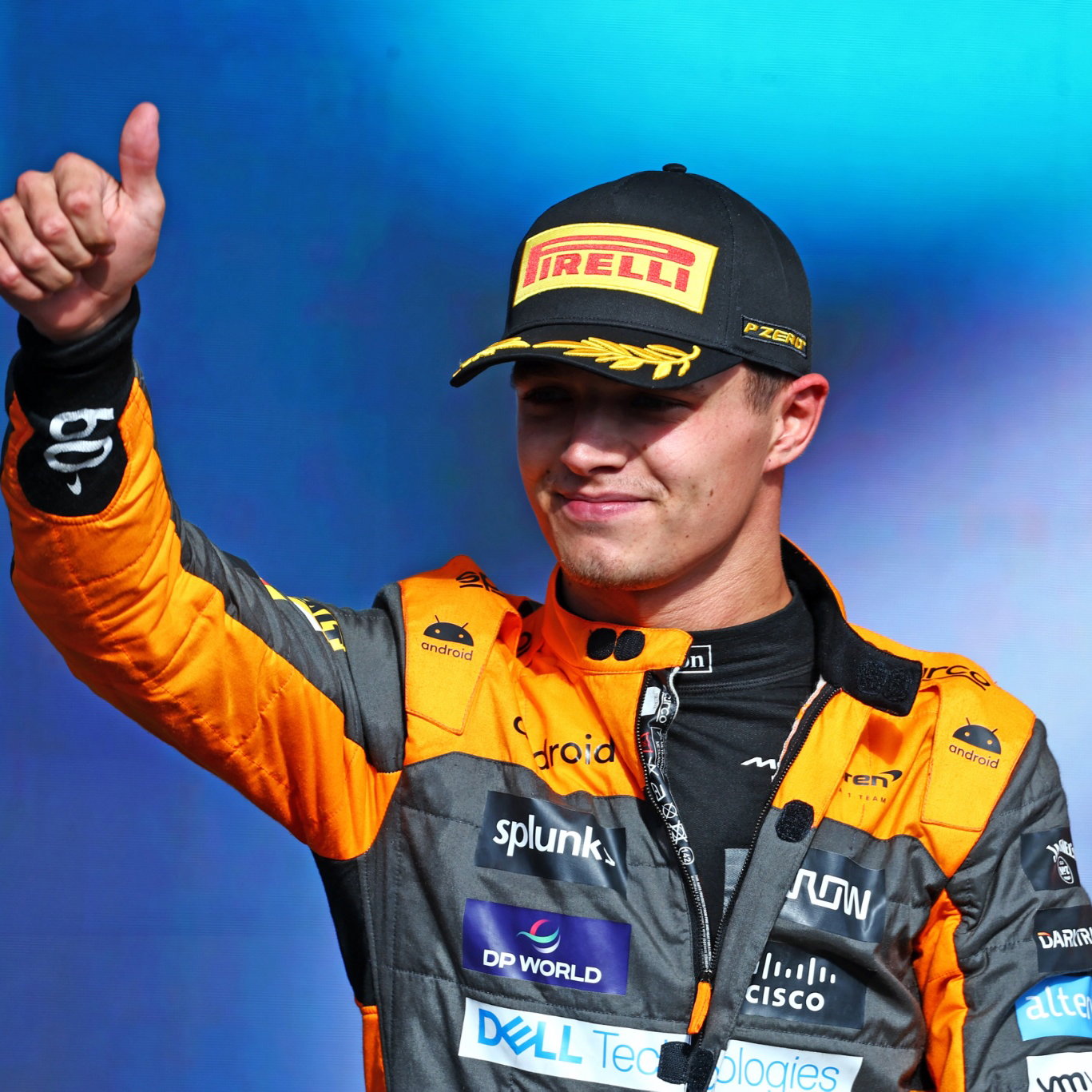 Lando Norris (GBR) McLaren celebrates his second position on the podium. Formula 1 World Championship, Rd 21, Brazilian