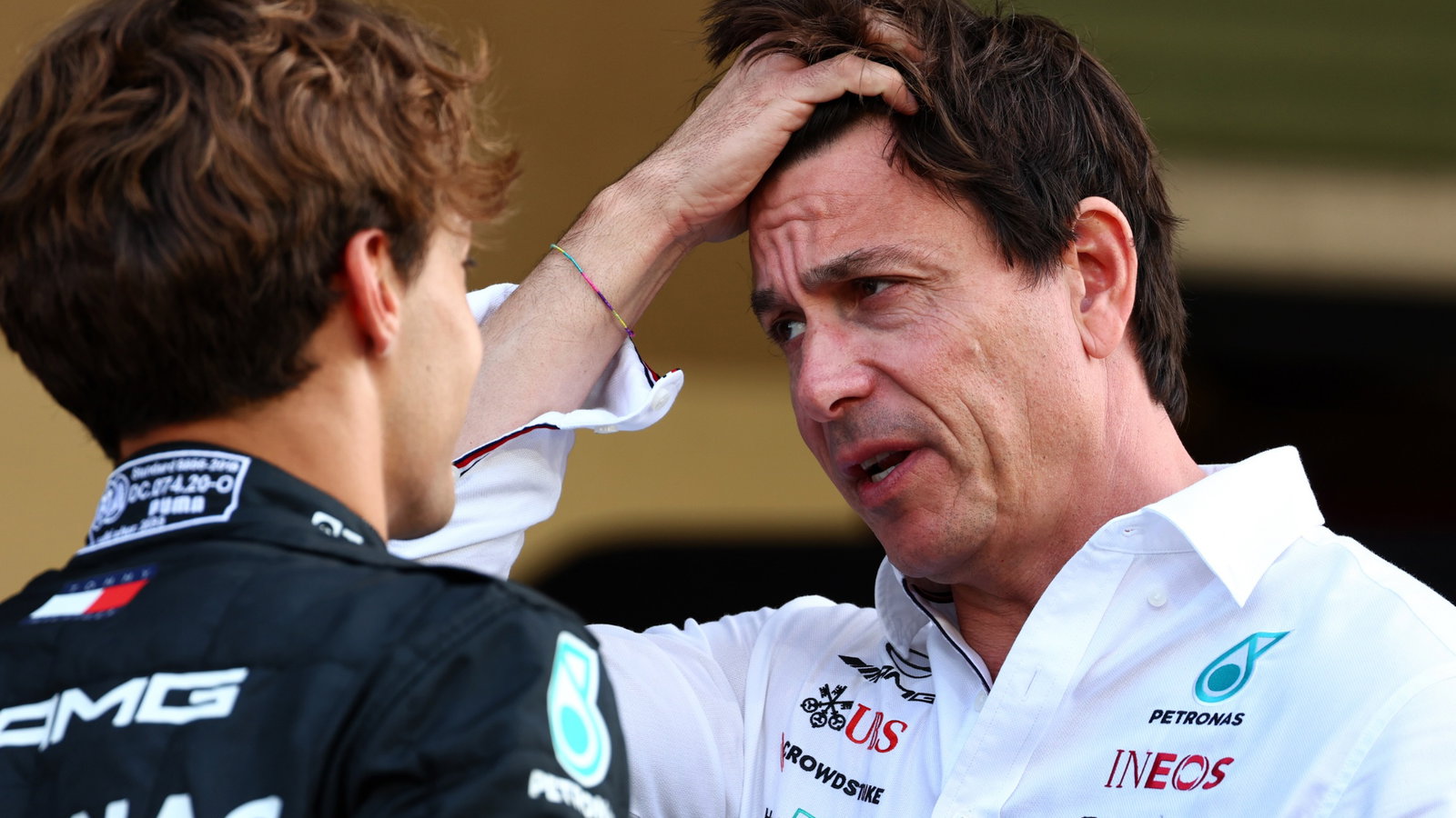 (L to R): George Russell (GBR) Mercedes AMG F1 with Toto Wolff (GER) Mercedes AMG F1 Shareholder and Executive Director.
