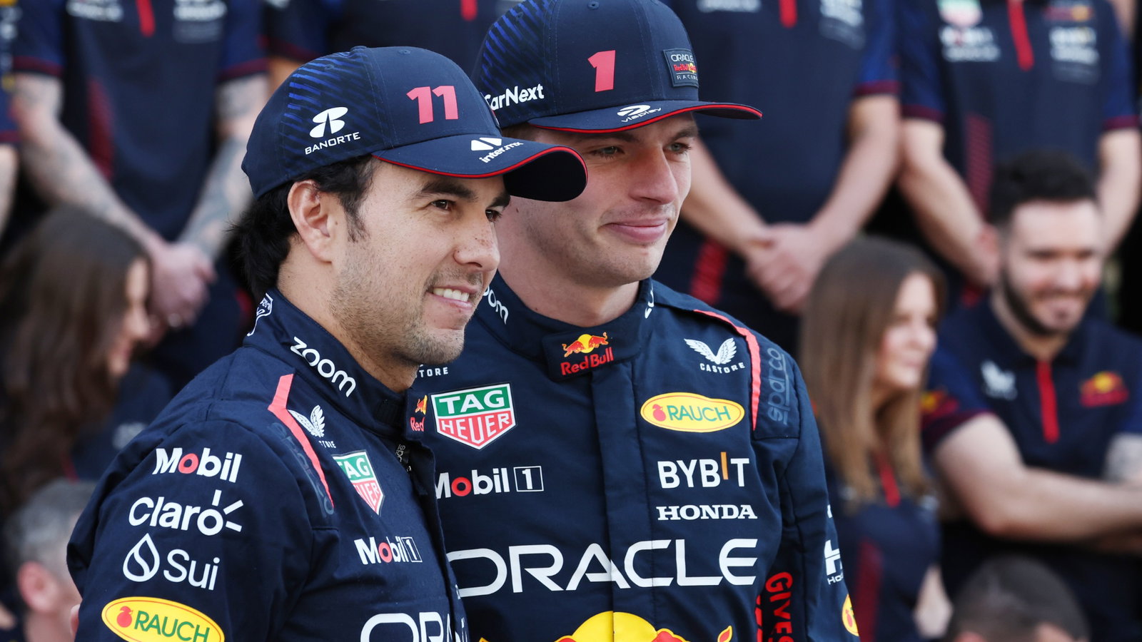 (L to R): Sergio Perez (MEX) Red Bull Racing and Max Verstappen (NLD) Red Bull Racing at a team photograph. Formula 1