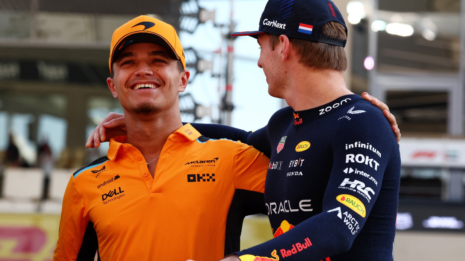 (L to R): Lando Norris (GBR) McLaren with Max Verstappen (NLD) Red Bull Racing on the drivers' parade. Formula 1 World