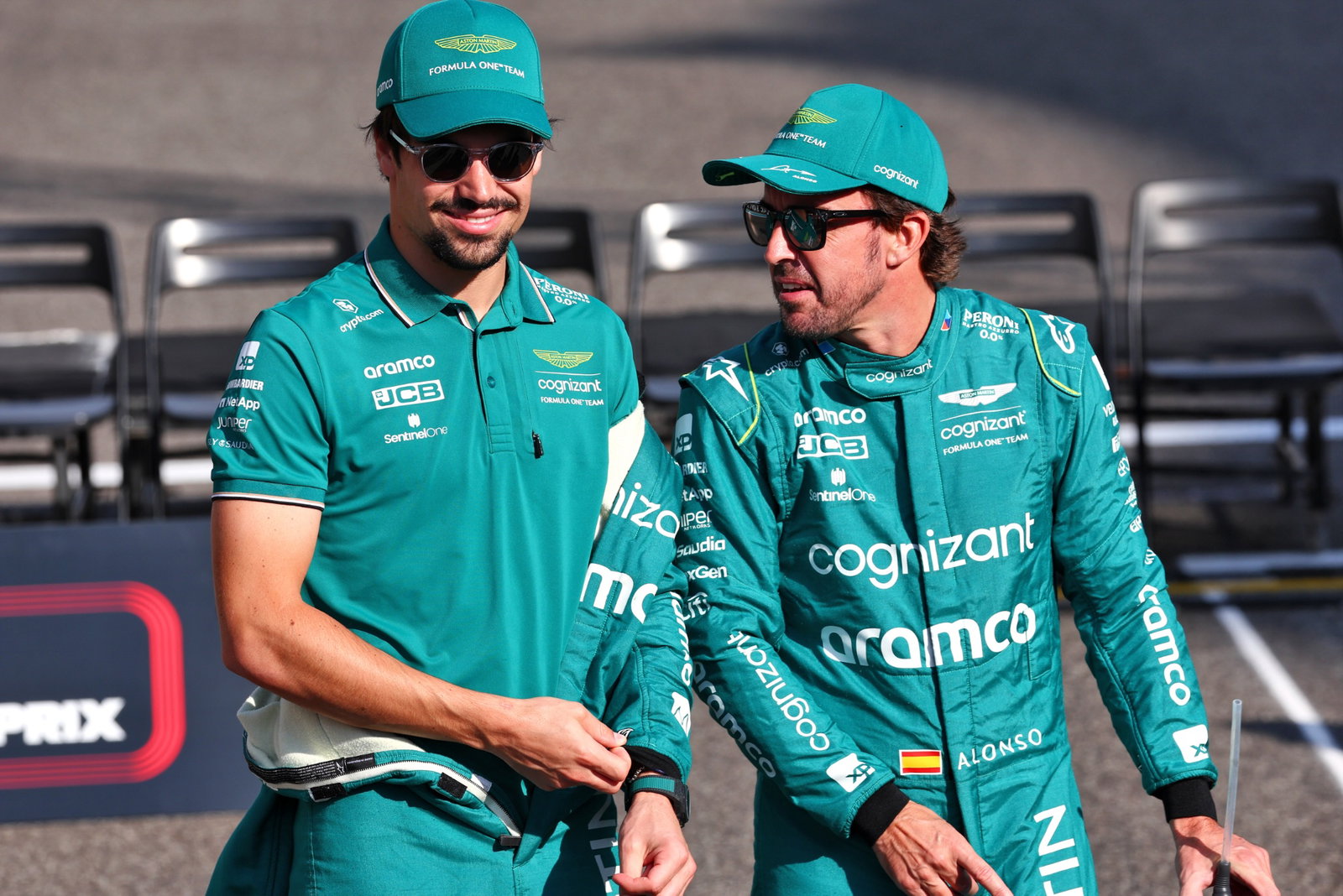(L to R): Lance Stroll (CDN) Aston Martin F1 Team with Fernando Alonso (ESP) Aston Martin F1 Team. Formula 1 World