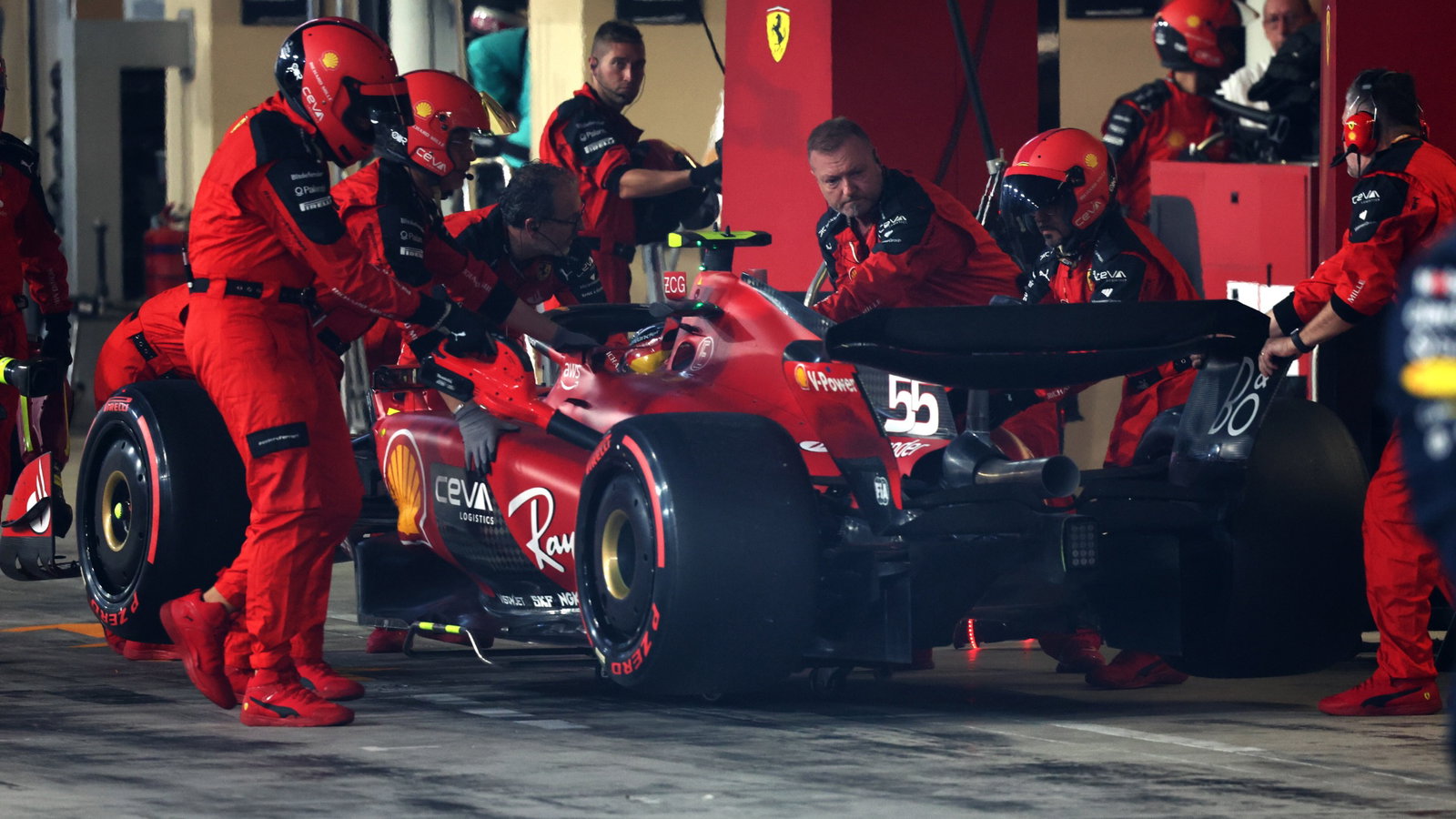 Carlos Sainz Jr (ESP) Ferrari SF-23 in the pits. Formula 1 World Championship, Rd 23, Abu Dhabi Grand Prix, Yas Marina