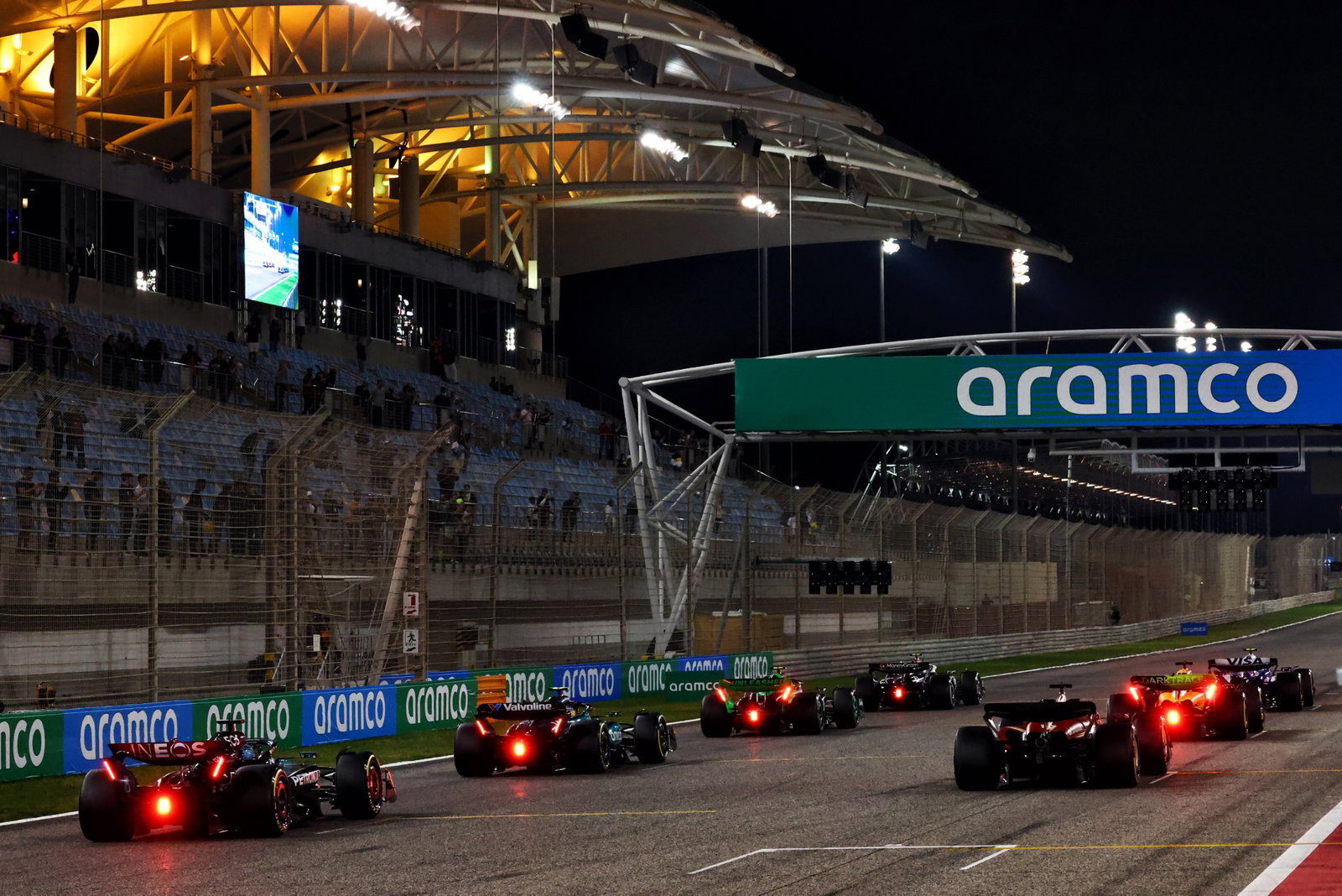 George Russell (GBR) Mercedes AMG F1 W15 - practice start procedure at the end of testing. Formula 1 Testing, Sakhir,