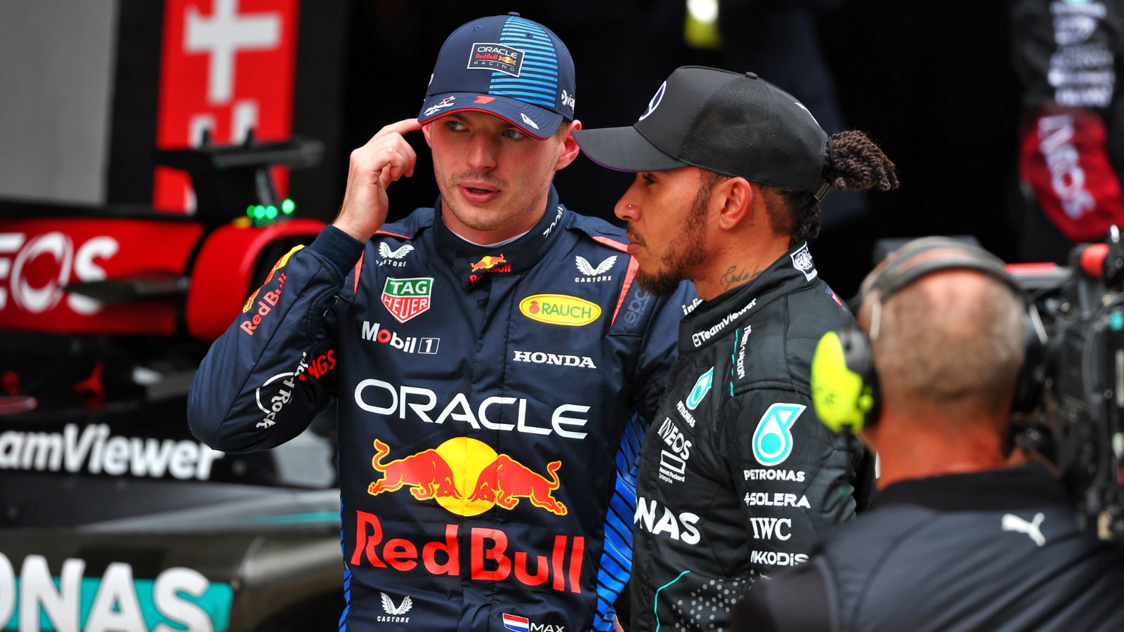 (L to R): Winner Max Verstappen (NLD) Red Bull Racing with second placed Lewis Hamilton (GBR) Mercedes AMG F1 in Sprint parc