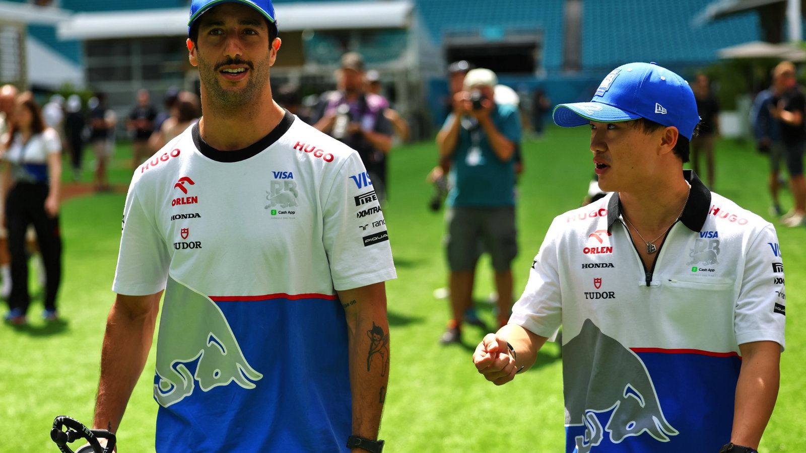 (L to R): Daniel Ricciardo (AUS) RB with team mate Yuki Tsunoda (JPN) RB. Formula 1 World Championship, Rd 6, Miami Grand