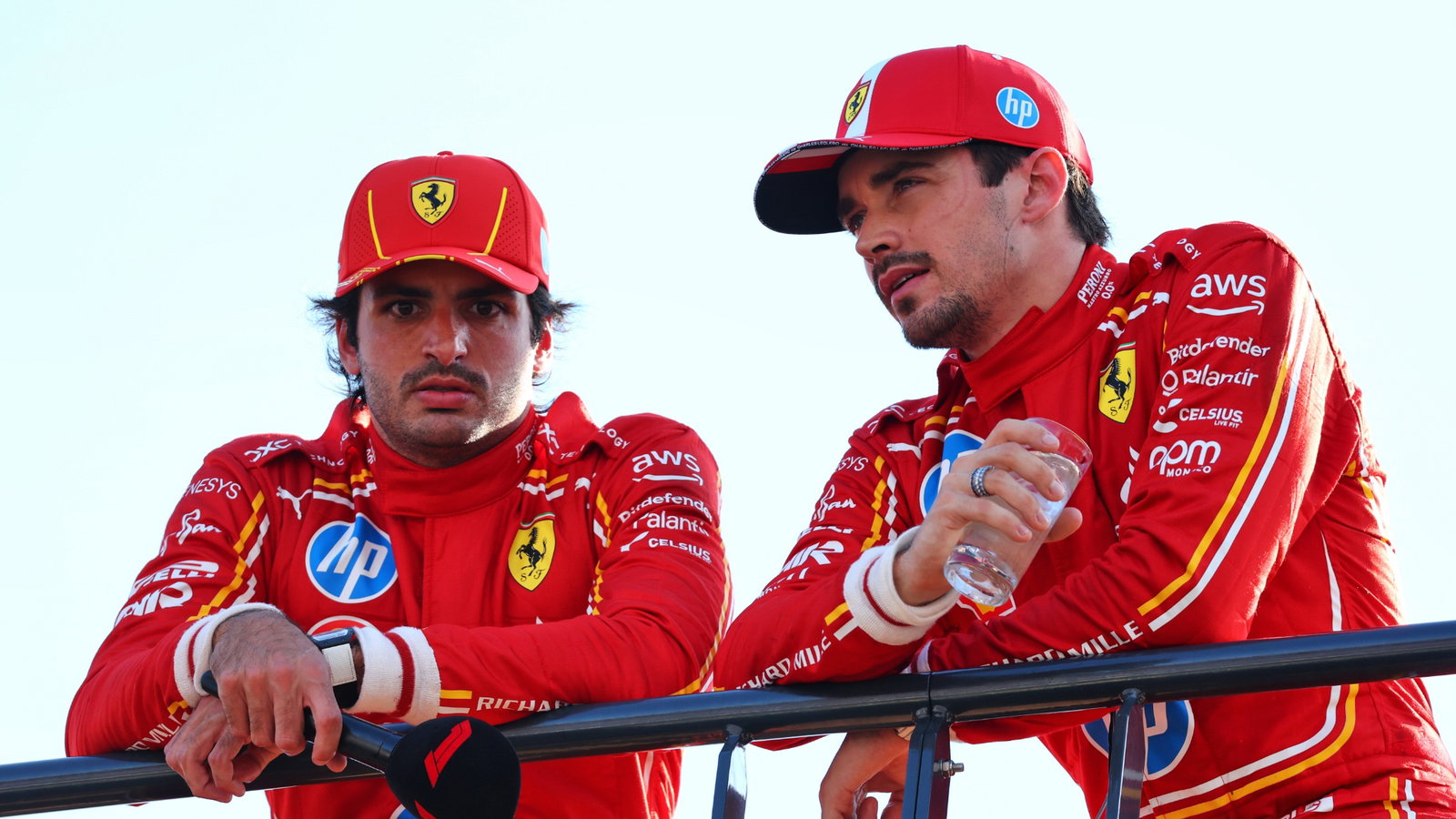 (L to R): Third placed Carlos Sainz Jr (ESP) Ferrari with team mate and pole sitter Charles Leclerc (MON) Ferrari in