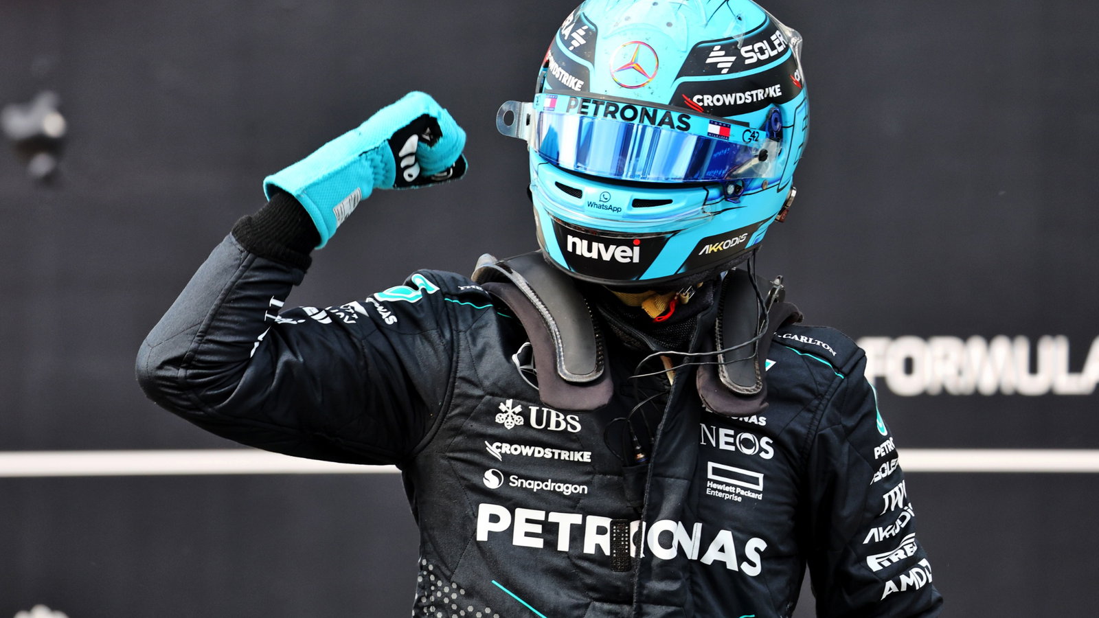 George Russell (GBR) Mercedes AMG F1 celebrates his pole position in qualifying parc ferme. Formula 1 World Championship,