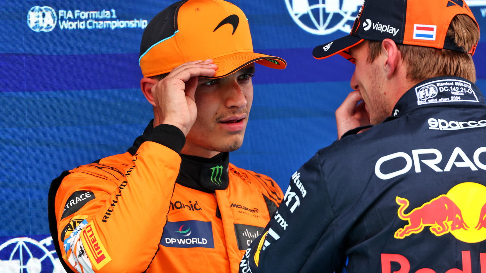 (L to R): Pole sitter Lando Norris (GBR) McLaren with Max Verstappen (NLD) Red Bull Racing in qualifying parc ferme.