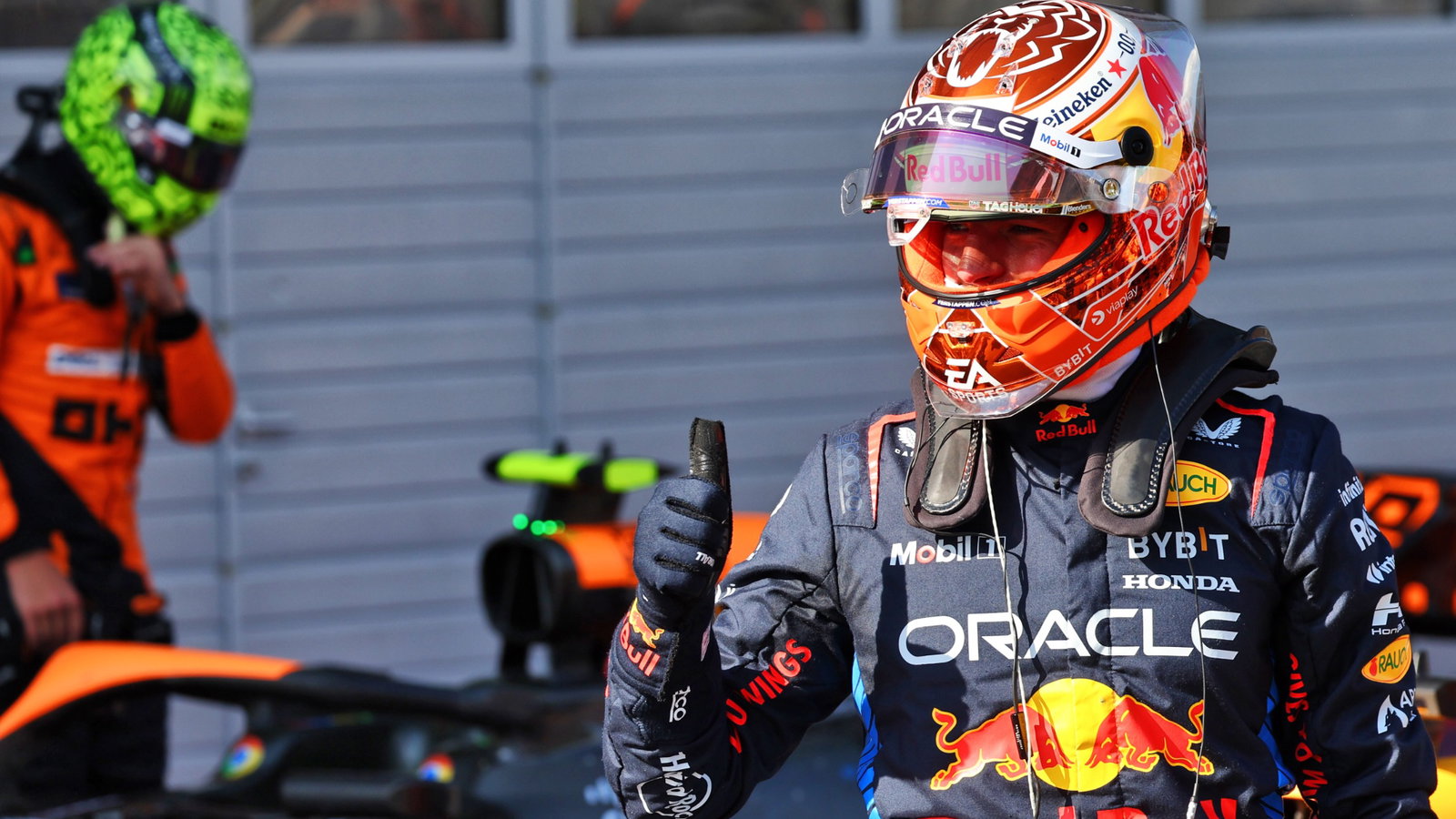 Max Verstappen (NLD) Red Bull Racing celebrates his pole position in Sprint qualifying parc ferme. Formula 1 World