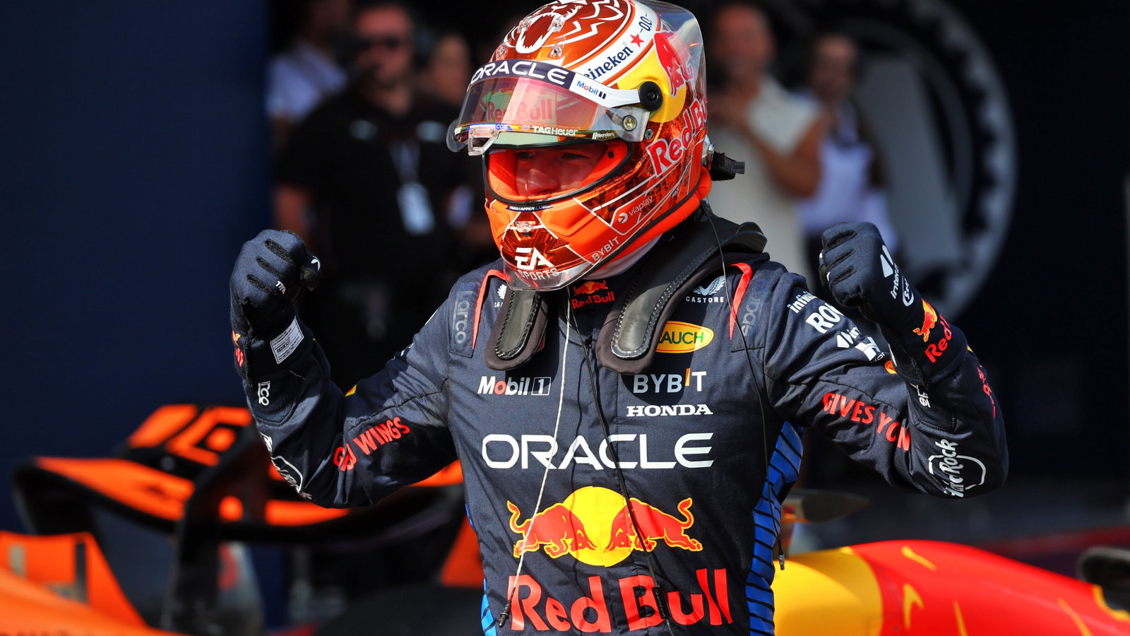 Max Verstappen (NLD) Red Bull Racing celebrates his pole position in qualifying parc ferme. Formula 1 World Championship,