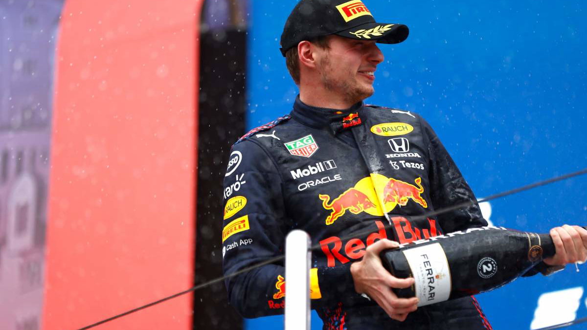 Max Verstappen (NLD) Red Bull Racing celebrates his second position on the podium.